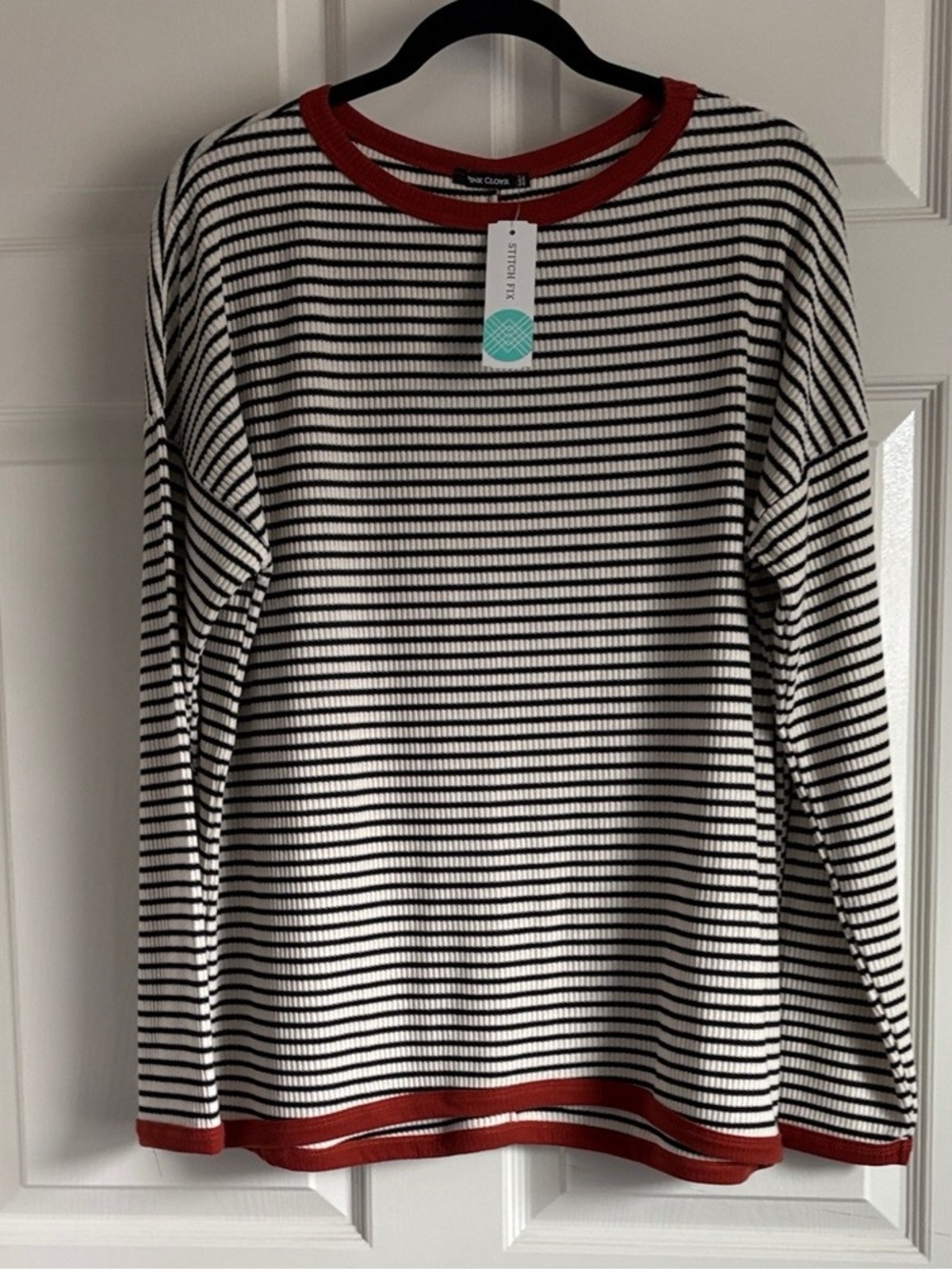 Pink Clover Black and White Striped Long Sleeve Top with Red Trim